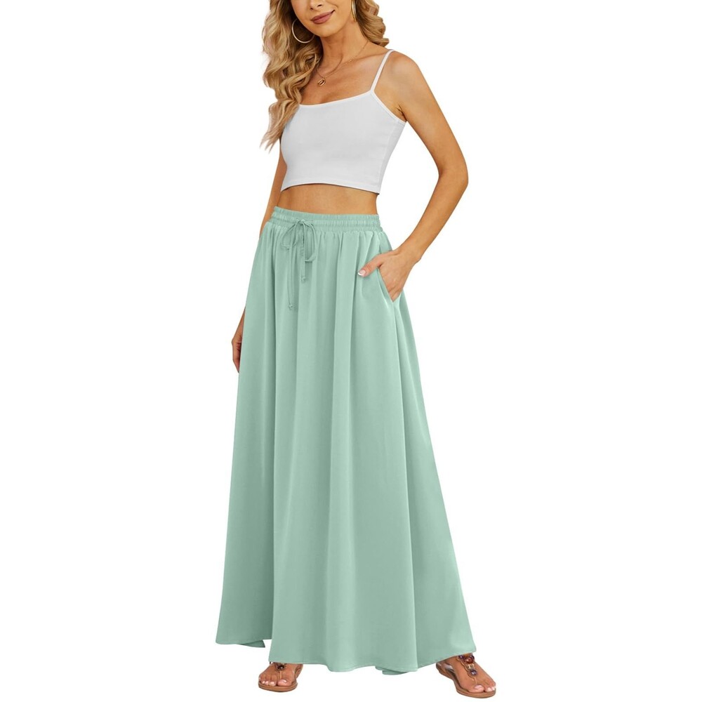 Yincro Women Flowy Maxi Skirt Light Cyan High Waisted Pleated Pockets Long